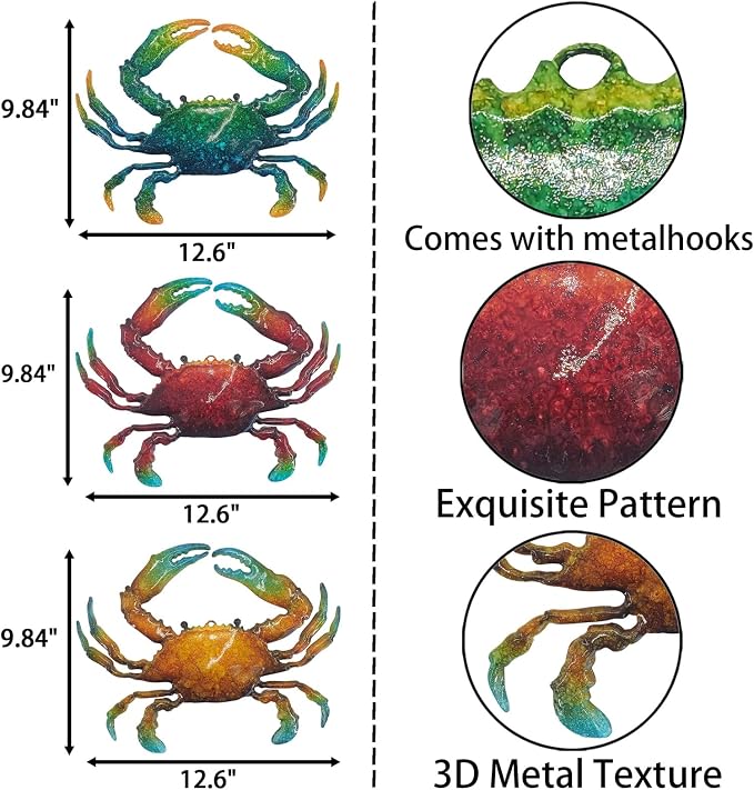 John's Studio Metal Crab Sea Wall Decor Outdoor Garden Hanging Art Sculptures Home Ocean Theme Decorations for Kitchen Bathroom and Pool - 3 PCS