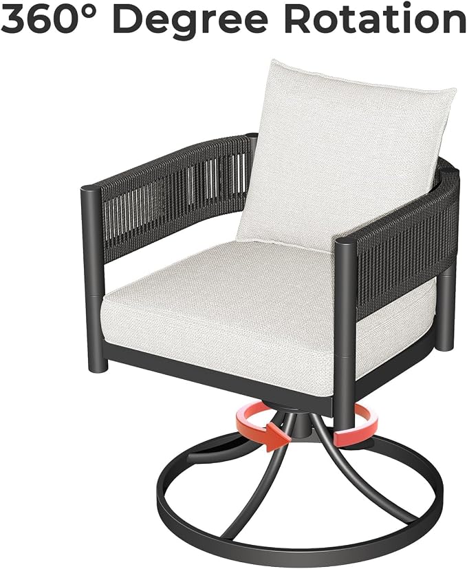 Grand patio 5-Piece Outdoor Dining Set for 4, Metal Woven Wicker Swivel Patio Chairs with Thickened Cushions & 1 Square Woodgrain Dining Table with Umbrella Hole for Backyard Deck (Black)