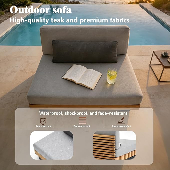 OTSUN Outdoor Sofa, Teak Wood Armless Slatted Base & Aluminum Frame Single Seat Weather Resistant for Patio Backyard Poolside