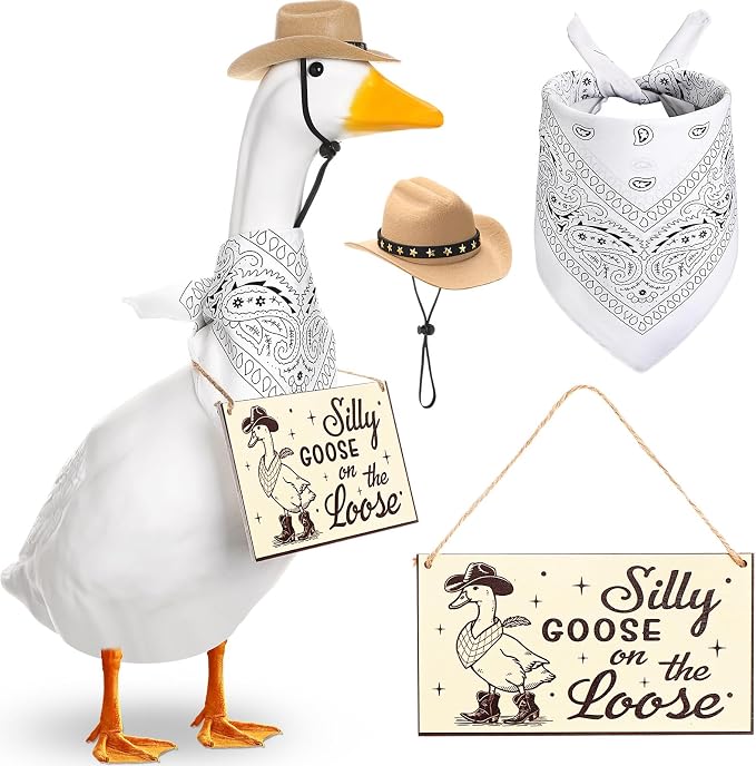 Funny Porch Goose Outfit Decoration Set Silly Goose on The Loose Hangings Sign Cowboy with Outfit Cowboy Hat Bandana for 23" Cement/Plastic Outdoor Statue Patio Yard Lawn Art(White,Khaki)