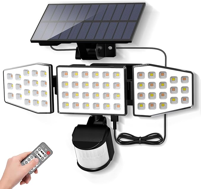 ALUSSO Solar Lights Outdoor Motion Sensor, 400LM LED Security Lights w/Remote, Dusk to Dawn/Auto/On Time Modes, CCT Adjustable 3000K-6500K, Dimmable IP54 Flood Wall Light for Garden Yard(1 Pack)