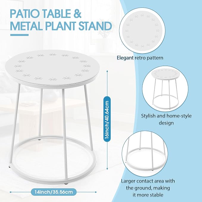 Vercraft Small Outdoor Side Table, 14" Patio Side Tables with Flower Cut Outs Weather Resistant Metal Outdoor End Table for Patio Outside Porch Balconies Garden(White,Fashion)
