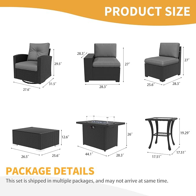 LayinSun 10 Pieces Patio Furniture Set with Fire Pit Table, Black Rattan Modular Sectional Outdoor Conversation Sofa Set, Swivel Rocking Chairs Set