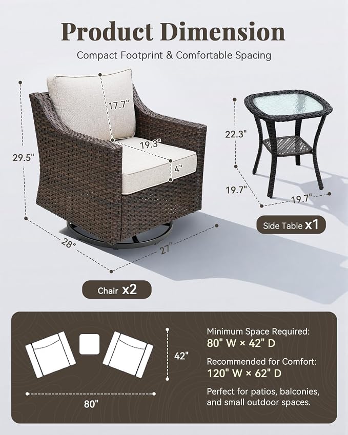 Patio Furniture Set 3 Pieces Luxury Outdoor Bistro with Swivel Rocker Chairs and Side Table, Easy Assembly Conversation Set for Porch Deck Balcony Yard in Brown Wicker and Beige Cushions