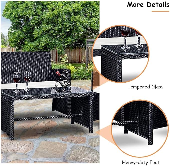 LDAILY LUARANE 4-Piece Rattan Sofa Set w/Soft Weather Resistant Cushions and Tempered Glass Tabletop, Outdoor Patio Furniture Set for Garden, Poolside, Weaving Rattan Conversation Sofa