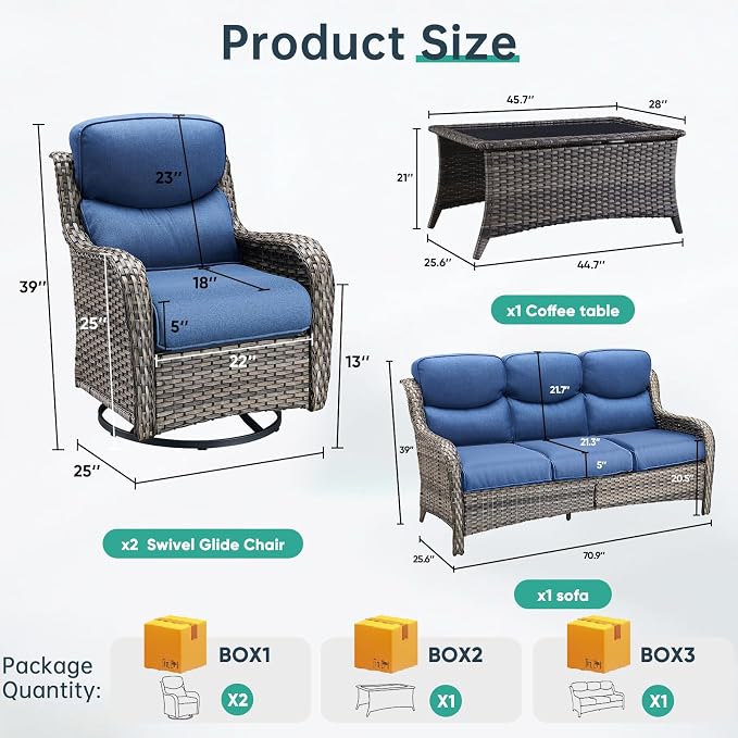Outdoor Swivel Rocker Patio Chairs Set of 4 with Sofa - 5" Thick Cushion 4 Piece Furniture Set with Sofa All Weather Wicker Conversation Set for Porch Deck - Grey-Blue