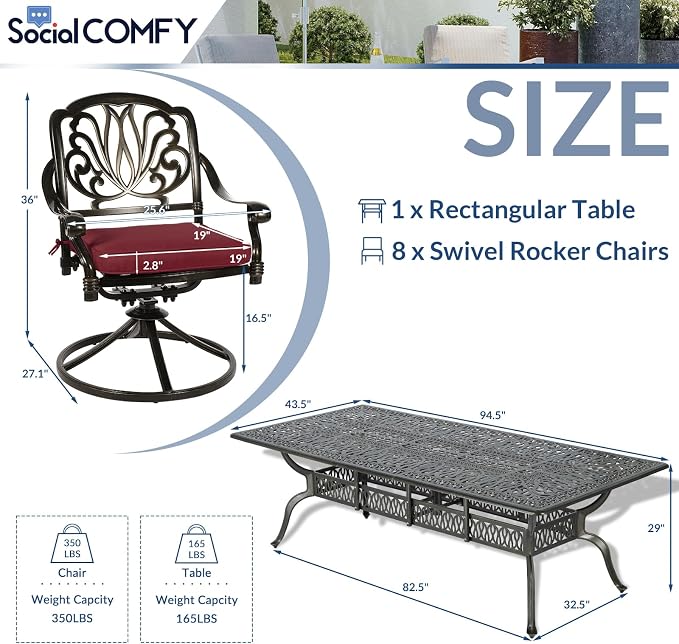 9-Piece Patio Cast Aluminum Dining Set, Outdoor Dining Furniture Set for 8 Person, Includes 94.5" Rectangular Dining Table and 8 Swivel Chairs with Umbrella Hole for Deck Garden, Red