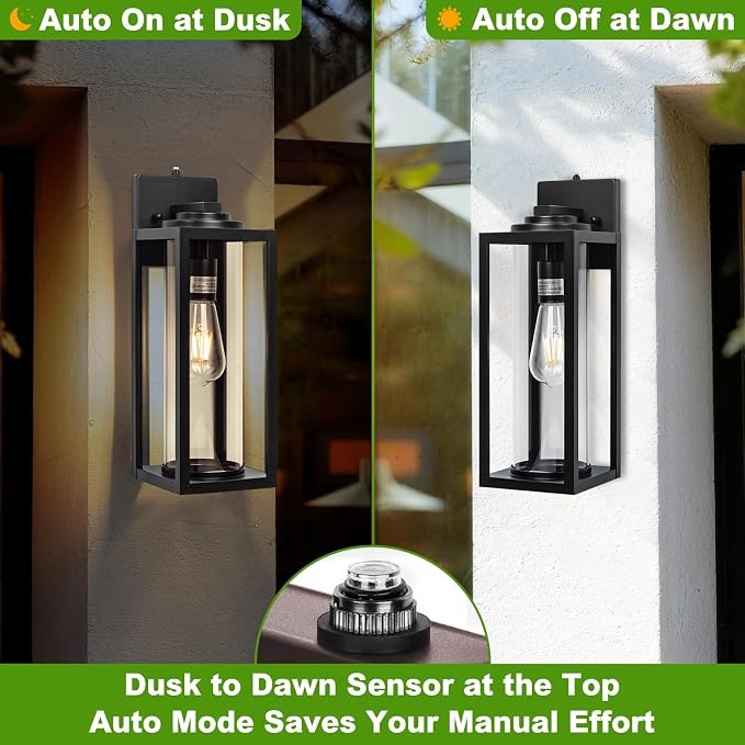 FILIYANO Large Dusk to Dawn Outdoor Wall Lights, 20 Inch, Modern, 2 Pack | Anti-Rust, Waterproof, Matte Black Exterior Fixtures with Photocell, Farmhouse Lighting Sconces for Garage, Porch, Front Door