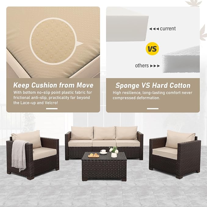 Rattan Star 6 Pieces Patio Outdoor Furniture Outdoor Conversation Sets Wicker Sofa Set with Outdoor Couch Patio Chairs Storage Coffee Table Khaki Cushions Waterproof Covers