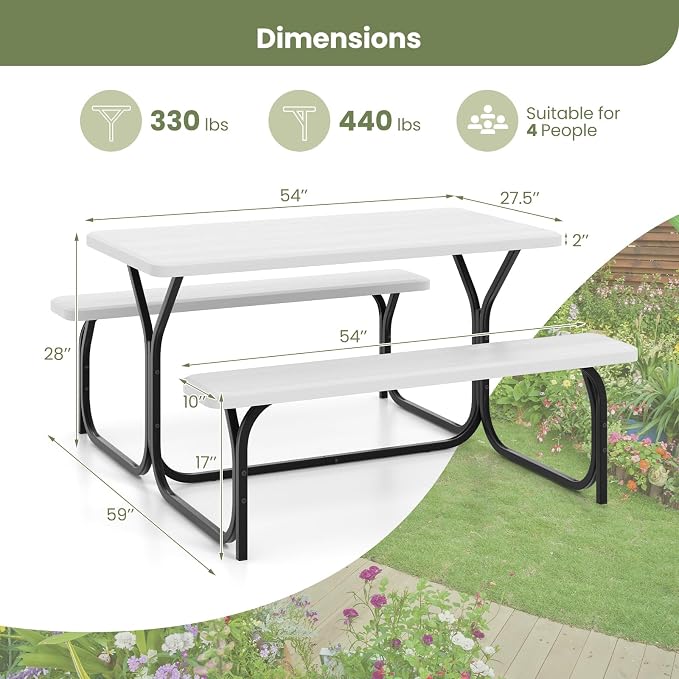 S AFSTAR Picnic Table Bench Set, 59” Expanded Rectangular Picnic Table, Outdoor Table and Bench W/Steel Frame & Wood-Like Texture Tabletop, Camping Table Chair Set for Garden Patio Lawn Deck (White)