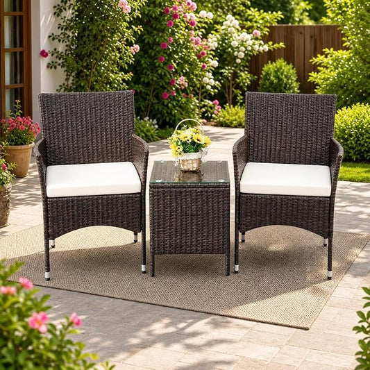 Garvee Patio Conversation Set 3 Piece, Brown Wicker Rattan Outdoor Furniture Set with Cushioned Chairs and Glass Top Coffee Table for Small Patio, Porch, Balcony, Backyard