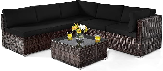 Tangkula 6 Pieces Patio Furniture Set, Outdoor Wicker Conversation Set with Glass Coffee Table, Wicker Sofa Set with Back & Seat Cushions, Rattan Sectional Conversation Couch Set for Backyard Garden