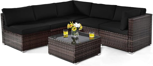 Tangkula 6 Pieces Patio Furniture Set, Outdoor Wicker Conversation Set with Glass Coffee Table, Wicker Sofa Set with Back & Seat Cushions, Rattan Sectional Conversation Couch Set for Backyard Garden