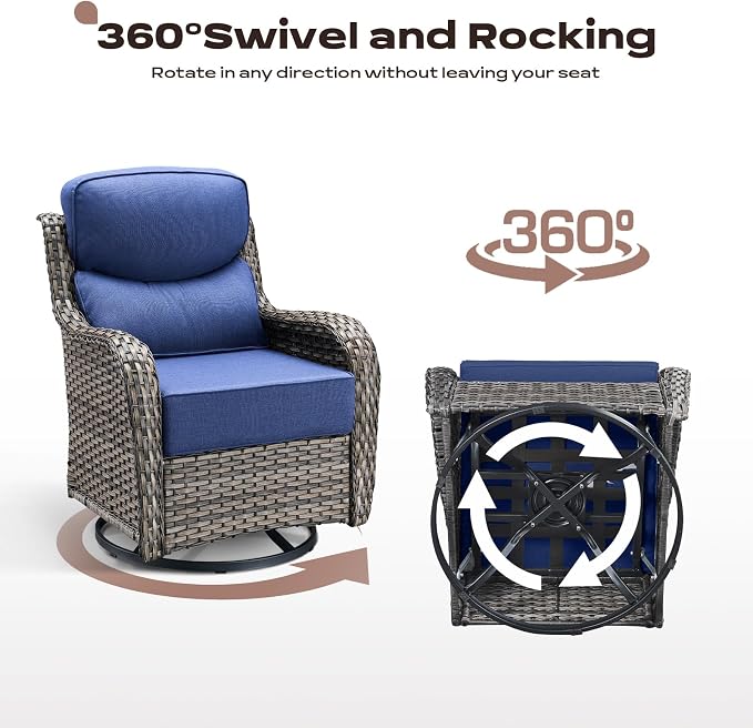 Rilyson Outdoor Swivel Rocker Chairs - All Weather Resistant Wicker Patio Furniture Set of 4 with High Back and 6 inch Thick Cushions for Deck Porch Yard and Poolside, Mixed Grey/Blue