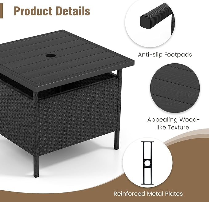 Tangkula Outdoor Wicker Table, Rattan Coffee Table with Umbrella Insert Hole, HDPE Tabletop & Sturdy Metal Frame, Patio Umbrella Side Table Stand for Backyard, Garden, Poolside (Black)
