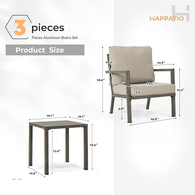 HAPPATIO Aluminum Patio Furniture Set, 3 Pieces Conversation Set with Thick Cushions and Side Table, Waterproof and Rustproof for All Weather, Seating Sofa for Garden, Backyard, Porch, Grey
