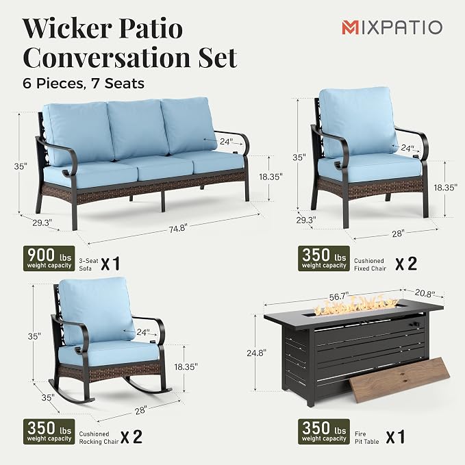 MIXPATIO Patio Furniture Set with Fire Pit Table, Metal Outdoor Conversation Set with 5.75'' Extra Thick Cushion, 2 Rocking Chairs, 2 Leg Chairs, 3-Seat Sofa and Gas Fire Pit Table, Blue