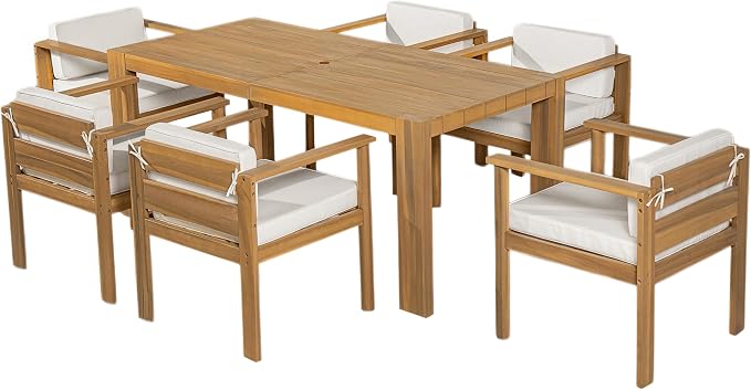7-Piece Patio Dining Table Set for 6, Outdoor Furniture Sets with 71" Rectangle Table and Removable Cushions for Backyard, Garden, Poolside Deck (Beige+Light Teak)