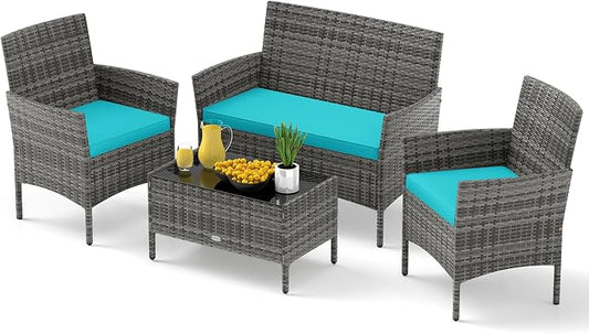 Tangkula 4 Pieces Patio Rattan Conversation Set, Outdoor Wicker Furniture Set with Cushioned Chair, Loveseat & Tempered Glass Table, Outside Sectional Sofa Set for Backyard (G-Turquoise,1)