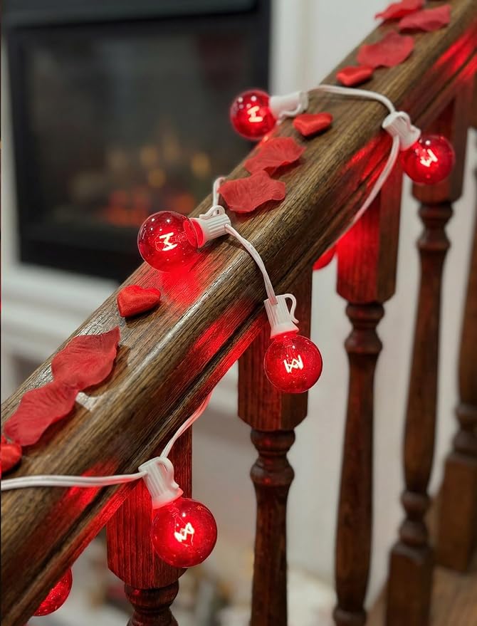 G40 Valentine’s Day Red Globe String Lights, 25Ft Outdoor Valentines Day Decorations Lights with 27 Incandescent Red Bulbs, Hanging Christmas Lights Waterproof for Patio Wedding Party Garden Balcony