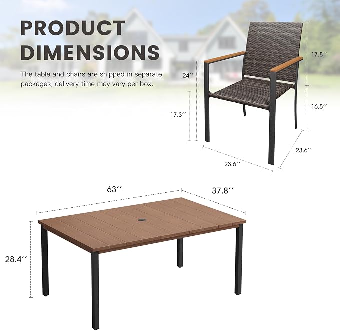 Patio Dining Set for 6, 63" Rectangular Metal Table with Umbrella Hole and Stackable Wicker Patio Chairs, Outdoor Furniture Set for Deck Backyard Garden, Walnut Chairs, Walnut Table