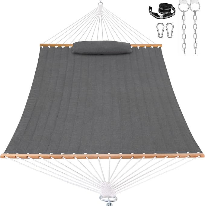 Lazy Daze Hammocks 12 FT Sunbrella Fabric Quilted Hammock Double Sunbrella Quilted Hammock with Spreader Bars & Pillow, All Weather and Fade Resistant for Outdoor, 450 lbs Capacity, Cast Slate
