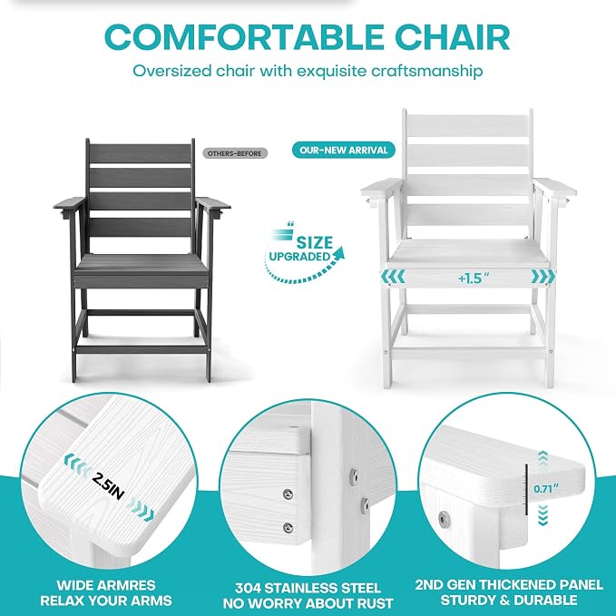 7-Piece Dining Set, HDPE Table & 6 Chairs, White | HDPE Dining Set: 69.1" Table + 6 Chairs, 380 lbs, 304 Stainless, All-Weather, No Rust No Crack, Outdoor Patio Garden