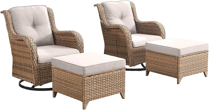 Outdoor Swivel Chairs-Patio Swivel Glider Chairs with Ottomans Outdoor Conversation Set for Deck Balcony Poolside Backyard-Yellow/Beige