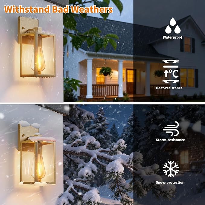 Outdoor Light Fixtures Wall Mount, Waterproof Front Porch Lights, Modern Exterior Lighting Fixtures with E26 Socket, Gold Wall Sconces Lantern Lamp, Outside Lights for House, Garage, Patio (2 Pack）