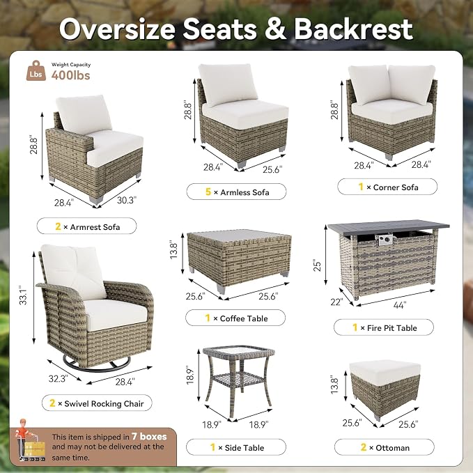 LET'S PATIO Luxury Patio Furniture Set with Fire Pit Table, 15 Piece Outdoor Furniture Set with Swivel Rocker Chairs & Ottomans, All-Weather Patio Sectional Sofas with Thickened Cushions, Beige