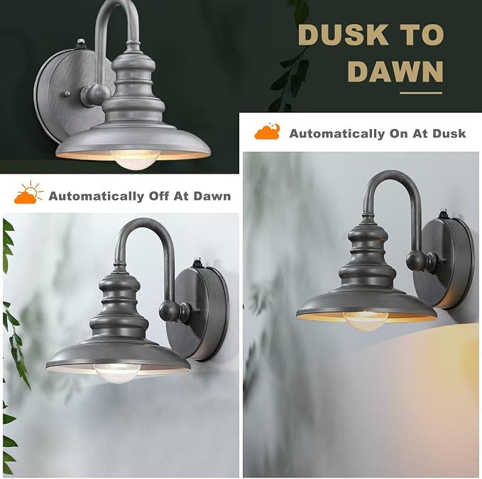 Dusk to Dawn Sensor Outdoor Gooseneck Barn Light Fixture Silver | Exterior Wall Sconce Lighting Waterproof Outside Porch Lantern Rustic Farmhouse Wall Mount Lamp for House Garage Patio