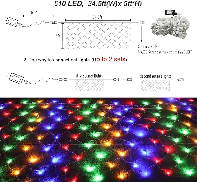 Pooqla Colorful Net Lights, 34.5X 5ft Christmas Lights Outdoor Clear Wire | 610 LED Large Net Mesh Lights Plug in, 8 Modes Waterproof Connectable Multicolor Bushes Lights for Christmas Hedge Yard Decor