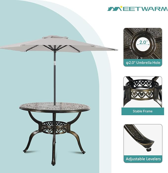 MEETWARM 38.5" Round Patio Dinning Table, Outdoor Cast Aluminum Dinning Table with 2" Umbrella Hole, Dark Bronze