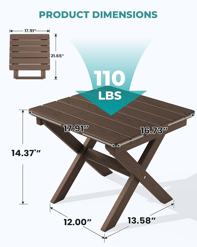 SERWALL Folding Outdoor Side Table Set of 2, Portable Adirondack Side Table, Coffee