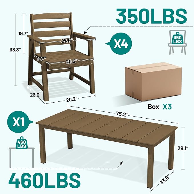 PLUUV 5-Piece Patio Dining Set, Hdpe Outdoor Patio Furniture Set with Aluminum Table Legs & Umbrella Hole, All-Weather Resistant Patio Table Set for Garden, Backyard, 4 Chairs & 1 Table, Brown