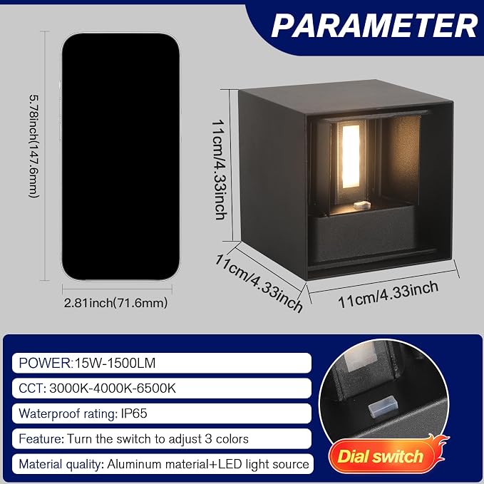 2 Pack LED Outdoor Wall Lights Exterior/Interior 3 Colors Adjustable 15W Wall Light Fixture IP65 Waterproof Porch Exterior Wall Sconce Modern Outdoor Lighting Square Aluminum Black Up and Down Lights
