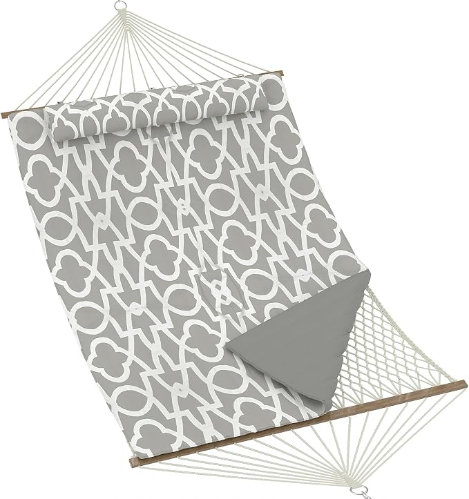 2 Person Outdoor Hammock with Stand - Cotton Rope & Soft Polyester Pad - Adjustable Steel Frame - Durable & Comfortable for Patio, Backyard, Garden, Beach - Light Gray Stripes