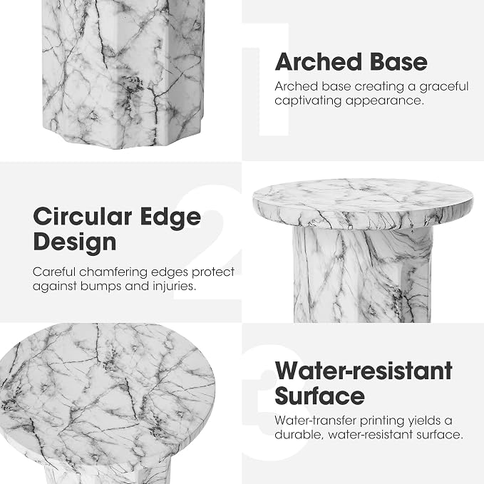 Glitzhome Indoor Outdoor Side Table 21" H, Modern MGO Faux Marble Side Table Round End Table, Decorative Accent Stool for Garden Outdoor Patio Living Room Bedroom Home Decor