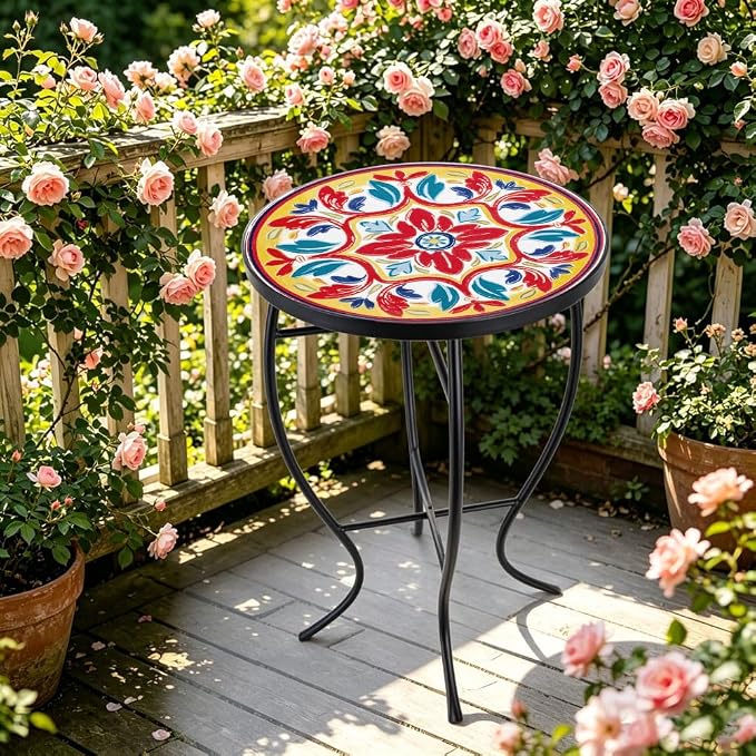 14 Inch Mosaic Patio Side Table with X-Curved Legs, Indoor Outdoor Accent Round End Table with Ceramic Tile Tops for Yard, Garden, Living Room, Bistro, C - Mediterranean Floral Pattern