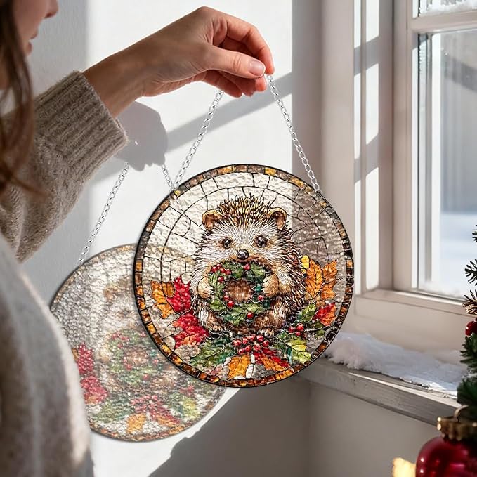 Acrylic Suncatcher Window Hanging, Hedgehog Sun Catcher Rainbow Indoor Window Decoration for Living Room Bedroom, Unique Gift for Mom Wife & Friends, 7.87 x 7.87 inches