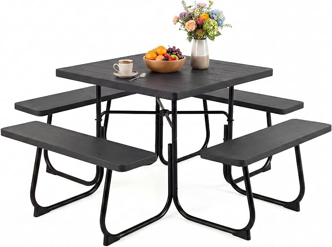 GYMAX Picnic Table Bench with Umbrella Hole, 8 Person Square Outdoor Picnic Table with Metal Frame & HDPE Tabletop, Camping Table for BBQ Yard Patio, 2300LBS Capacity (Black)
