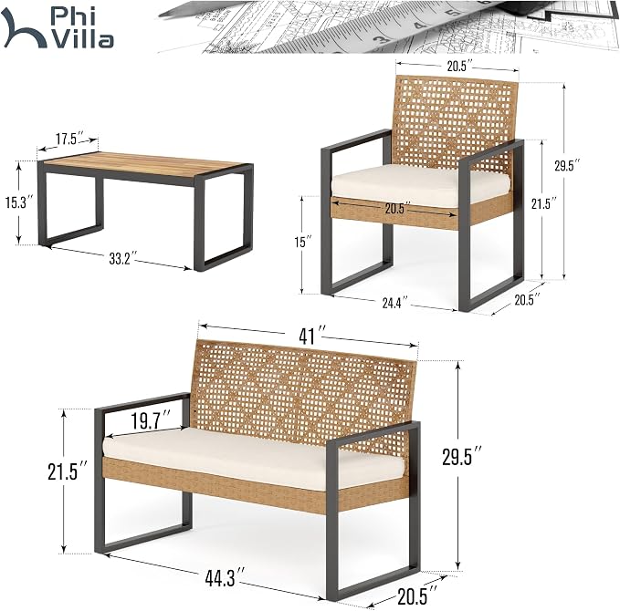 PHI VILLA Wicker Patio Furniture Set for 4, Rattan Small Patio Loveseat and Chairs with Acacia Wood Coffee Table, Outdoor Conversation Set with Cushion, Front Porch Furniture for Deck, Yard, Garden