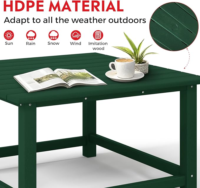 Costaelm Patio Conversation Table, Tatio Accent HDPE Outdoor Weather Resistant, Square Outdoor Porch Balcony Patio Drink Table for Outside, Pool, Backyard, Dark Green