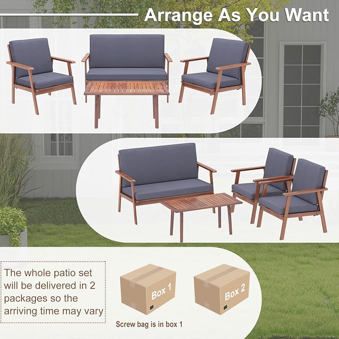 Tangkula 4 Piece Outdoor Conversation Set, Acacia Wood Sofa Set with Soft Seat & Back Cushions, Rectangle Coffee Table Patio Wood Furniture Set for Backyard, Poolside, Garden (1, Gray)