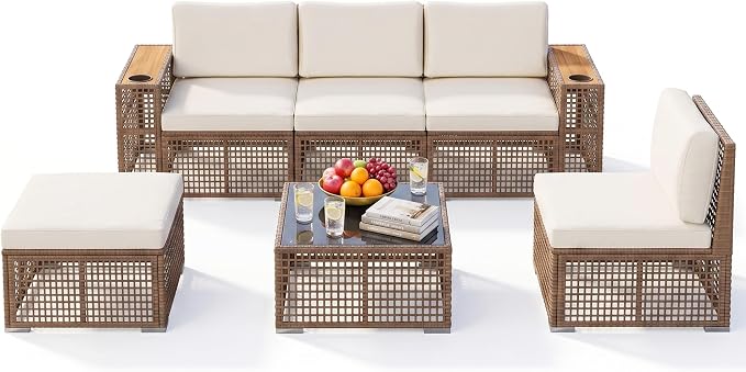 Devoko Patio Furniture Set,6 Pieces Outdoor Sectional Sofa with Cup Holder and 7.87in Wider Armrest, PE Wicker Backyard Couch Set with Coffee Table&Glass Tabletop for Deck, Porch（6 pcs）