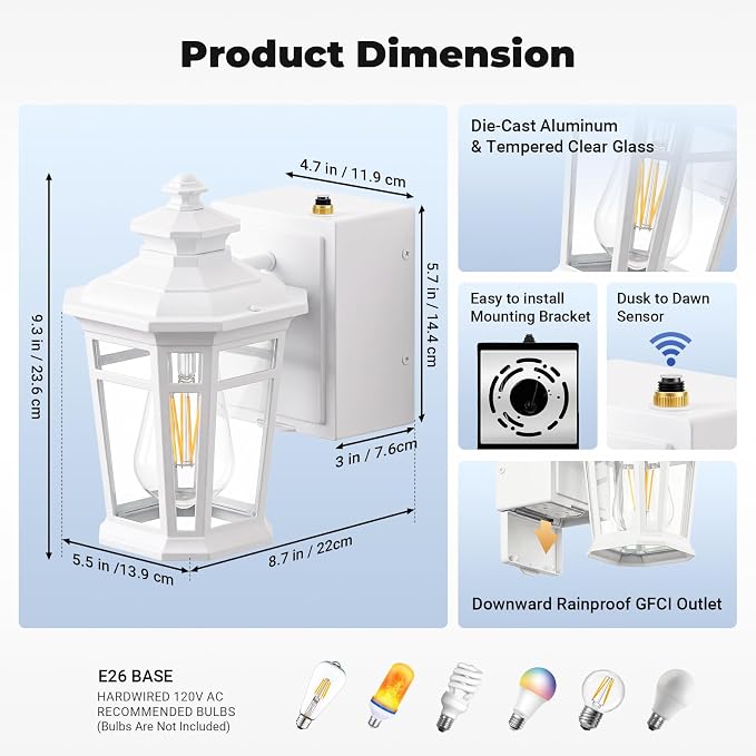 Gleamz Porch Lights Outdoor with GFCI Outlet, White Dusk to Dawn Outdoor Lighting, Exterior Lighting Fixtures Wall Mount, Anti-Rust Coach Light for Garage, Patio, 100% Aluminum, Waterproof, E26 Socket