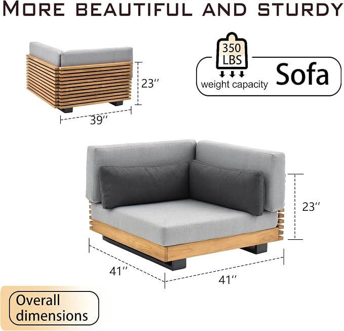 OTSUN Outdoor Corner Sofa, Teak Wood Slatted Base and Aluminum Frame L-Shaped Single Seat Outdoor Sofa Furniture for Patio Backyard Poolside
