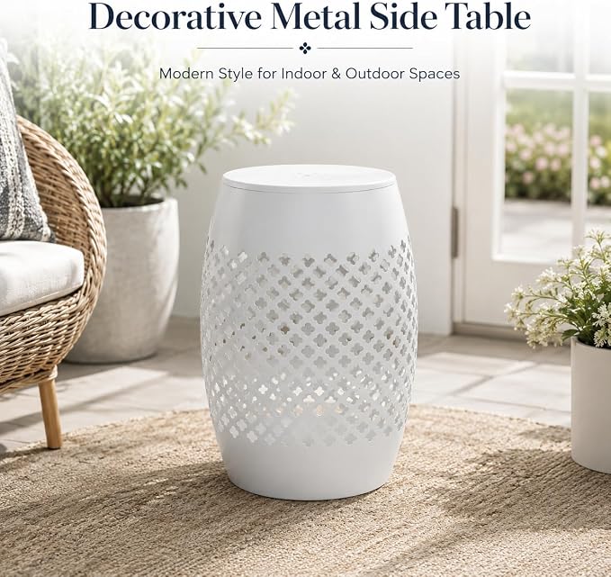 12" Outdoor Side Table, Decorative Cutout Metal Round Side Table, Multi Functional - Coffee Table, Night Stand, Plant Stand for Patio, Garden, Backyard, Gazebo Indoor (White)
