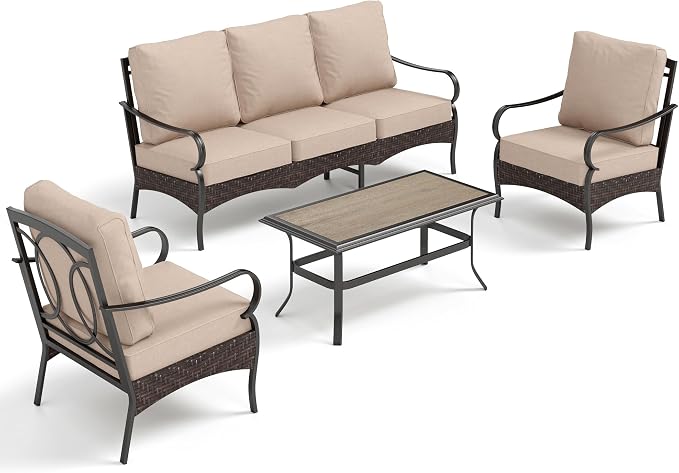 PHI VILLA Outdoor Modern Patio Furniture Set, Upgraded Wicker & Metal Patio Furniture Conversation Set with Waterproof Thick Cushions for Porch, Poolside, Yard (4 Pieces,Beige)