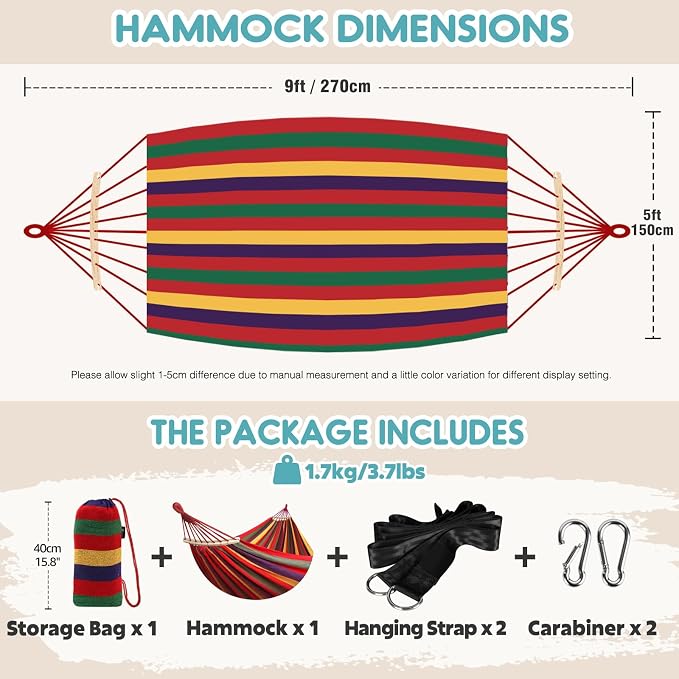 ANYOO Portable Camping Hammock Cotton Hammocks with Spreader Bar Outdoor | Sturdy Lightweight Hammocks Up to 450lbs with Carry Bag